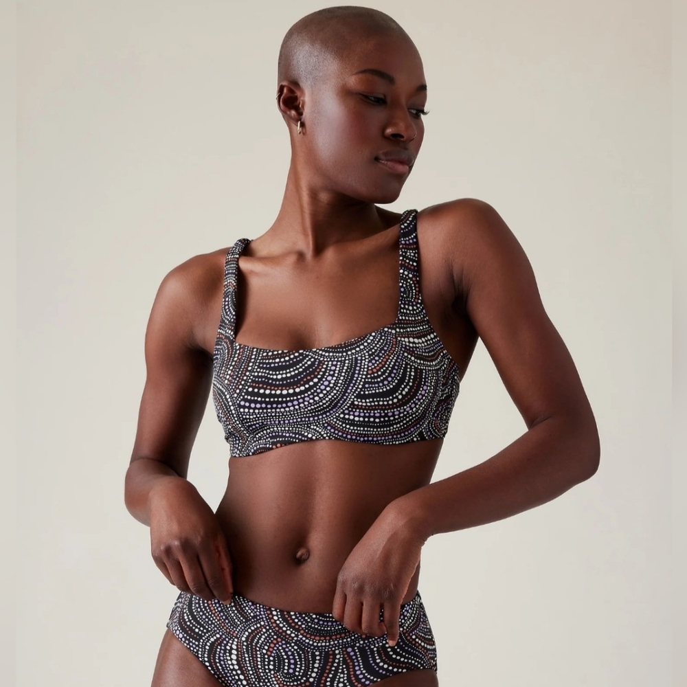 Athleta "Square Neck Bikini Top" In Riche Abstract Black Dot Pattern Size 34 B/C - Picture 1 of 9